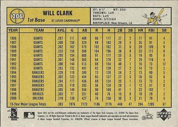2001 Upper Deck Vintage #206 Will Clark Back