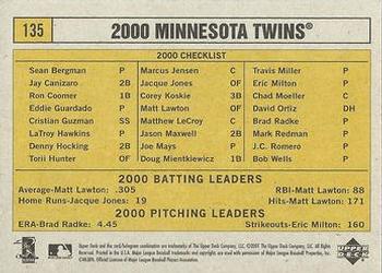 2001 Upper Deck Vintage #135 Minnesota Twins Back