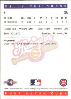 1993 Classic Best Huntington Cubs #5 Billy Childress Back