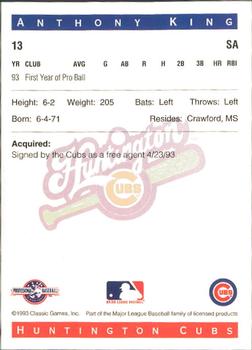 1993 Classic Best Huntington Cubs #13 Anthony King Back