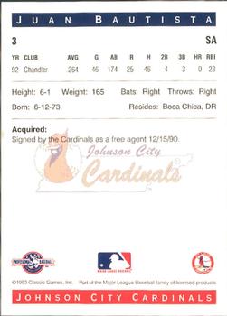 1993 Classic Best Johnson City Cardinals #3 Juan Bautista Back