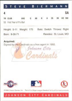 1993 Classic Best Johnson City Cardinals #4 Steve Biermann Back