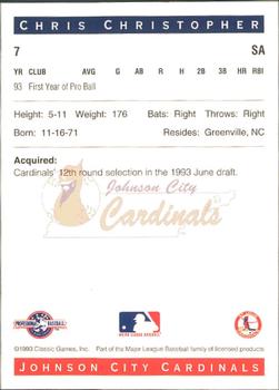 1993 Classic Best Johnson City Cardinals #7 Chris Christopher Back