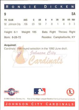 1993 Classic Best Johnson City Cardinals #9 Rongie Dicken Back
