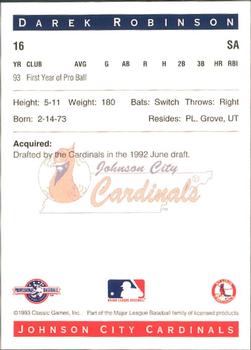 1993 Classic Best Johnson City Cardinals #16 Darek Robinson Back