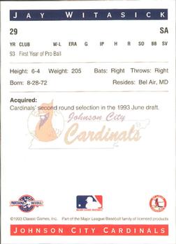 1993 Classic Best Johnson City Cardinals #29 Jay Witasick Back