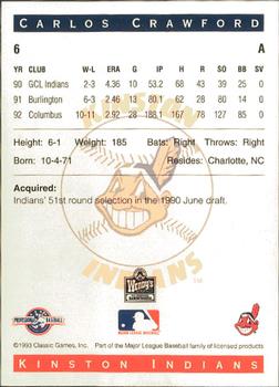 1993 Classic Best Kinston Indians #6 Carlos Crawford Back