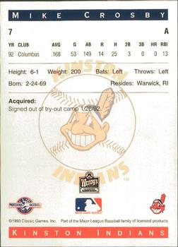 1993 Classic Best Kinston Indians #7 Mike Crosby Back