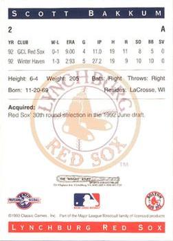 1993 Classic Best Lynchburg Red Sox #2 Scott Bakkum Back