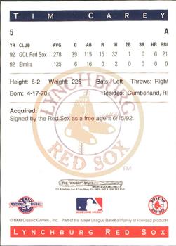 1993 Classic Best Lynchburg Red Sox #5 Tim Carey Back