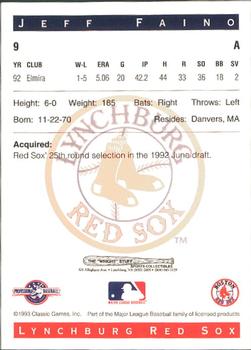 1993 Classic Best Lynchburg Red Sox #9 Jeff Faino Back
