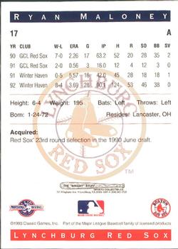 1993 Classic Best Lynchburg Red Sox #17 Ryan Maloney Back