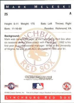 1993 Classic Best Lynchburg Red Sox #25 Mark Meleski Back