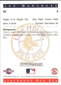 1993 Classic Best Lynchburg Red Sox #26 Joe Marchese Back
