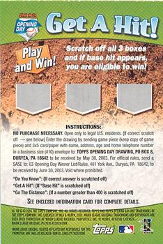 2003 Topps Opening Day - Mini Stickers #NNO Mark Buehrle Back