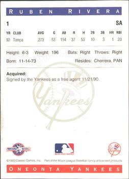 1993 Classic Best Oneonta Yankees #1 Ruben Rivera Back
