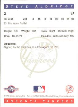 1993 Classic Best Oneonta Yankees #3 Steve Aldridge Back