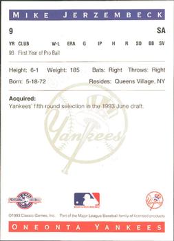 1993 Classic Best Oneonta Yankees #9 Mike Jerzembeck Back
