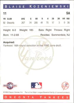 1993 Classic Best Oneonta Yankees #11 Blaise Kozeniewski Back