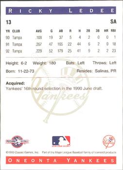 1993 Classic Best Oneonta Yankees #13 Ricky Ledee Back