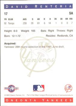 1993 Classic Best Oneonta Yankees #17 David Renteria Back