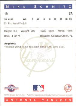 1993 Classic Best Oneonta Yankees #19 Mike Schmitz Back