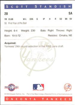 1993 Classic Best Oneonta Yankees #20 Scott Standish Back