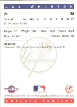 1993 Classic Best Oneonta Yankees #24 Joe Wharton Back