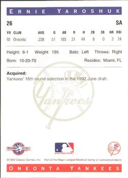 1993 Classic Best Oneonta Yankees #26 Ernie Yaroshuk Back
