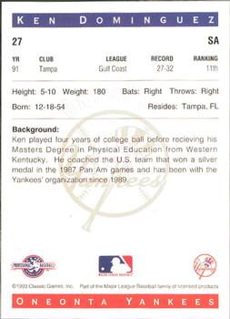 1993 Classic Best Oneonta Yankees #27 Ken Dominguez Back