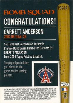 2003 Topps Pristine - Bomb Squad Relics #PBS-GA1 Garret Anderson Back