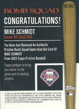 2003 Topps Pristine - Bomb Squad Relics #PBS-MS1 Mike Schmidt Back