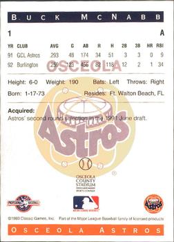 1993 Classic Best Osceola Astros #1 Buck McNabb Back