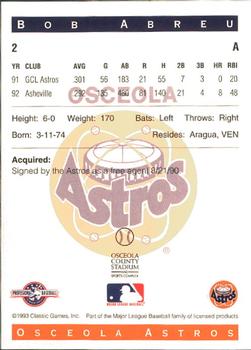 1993 Classic Best Osceola Astros #2 Bob Abreu Back
