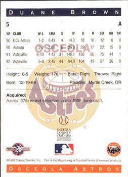 1993 Classic Best Osceola Astros #5 Duane Brown Back