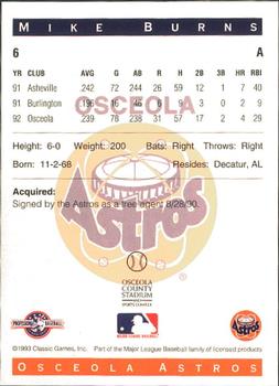 1993 Classic Best Osceola Astros #6 Mike Burns Back