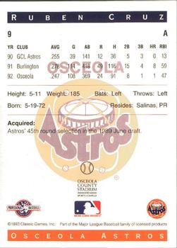 1993 Classic Best Osceola Astros #9 Ruben Cruz Back