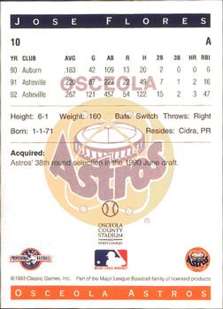 1993 Classic Best Osceola Astros #10 Jose Flores Back