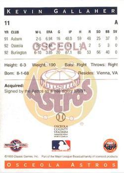1993 Classic Best Osceola Astros #11 Kevin Gallaher Back