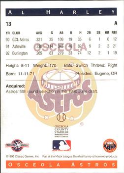 1993 Classic Best Osceola Astros #13 Al Harley Back