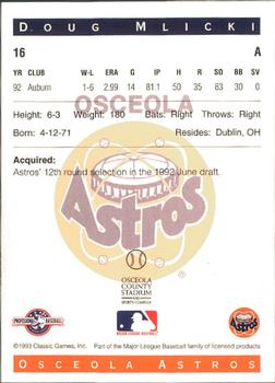 1993 Classic Best Osceola Astros #16 Doug Mlicki Back