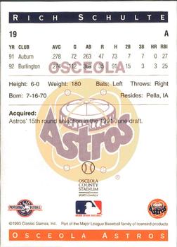 1993 Classic Best Osceola Astros #19 Rich Schulte Back