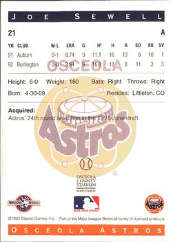 1993 Classic Best Osceola Astros #21 Joe Sewell Back