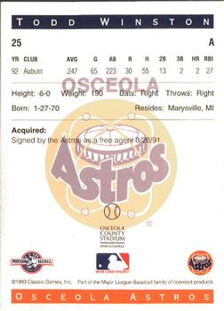 1993 Classic Best Osceola Astros #25 Todd Winston Back