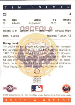 1993 Classic Best Osceola Astros #26 Tim Tolman Back