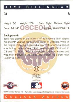 1993 Classic Best Osceola Astros #28 Jack Billingham Back