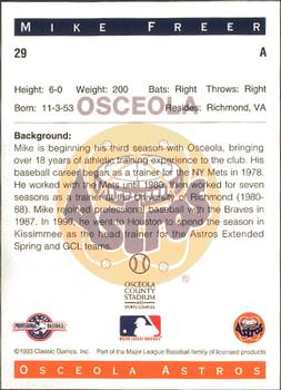 1993 Classic Best Osceola Astros #29 Mike Freer Back