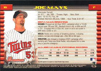 2002 Bowman #16 Joe Mays Back