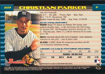 2002 Bowman #227 Christian Parker Back