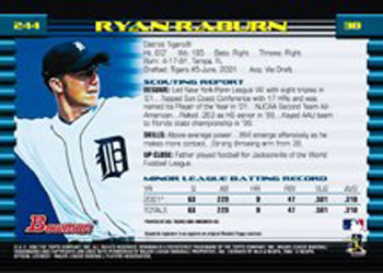 2002 Bowman #244 Ryan Raburn Back